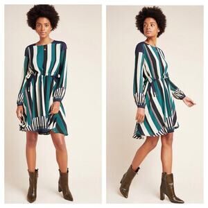 NEW Anthropologie Sunday In Brooklyn Leger Green Stripe Long Sleeve Dress XS